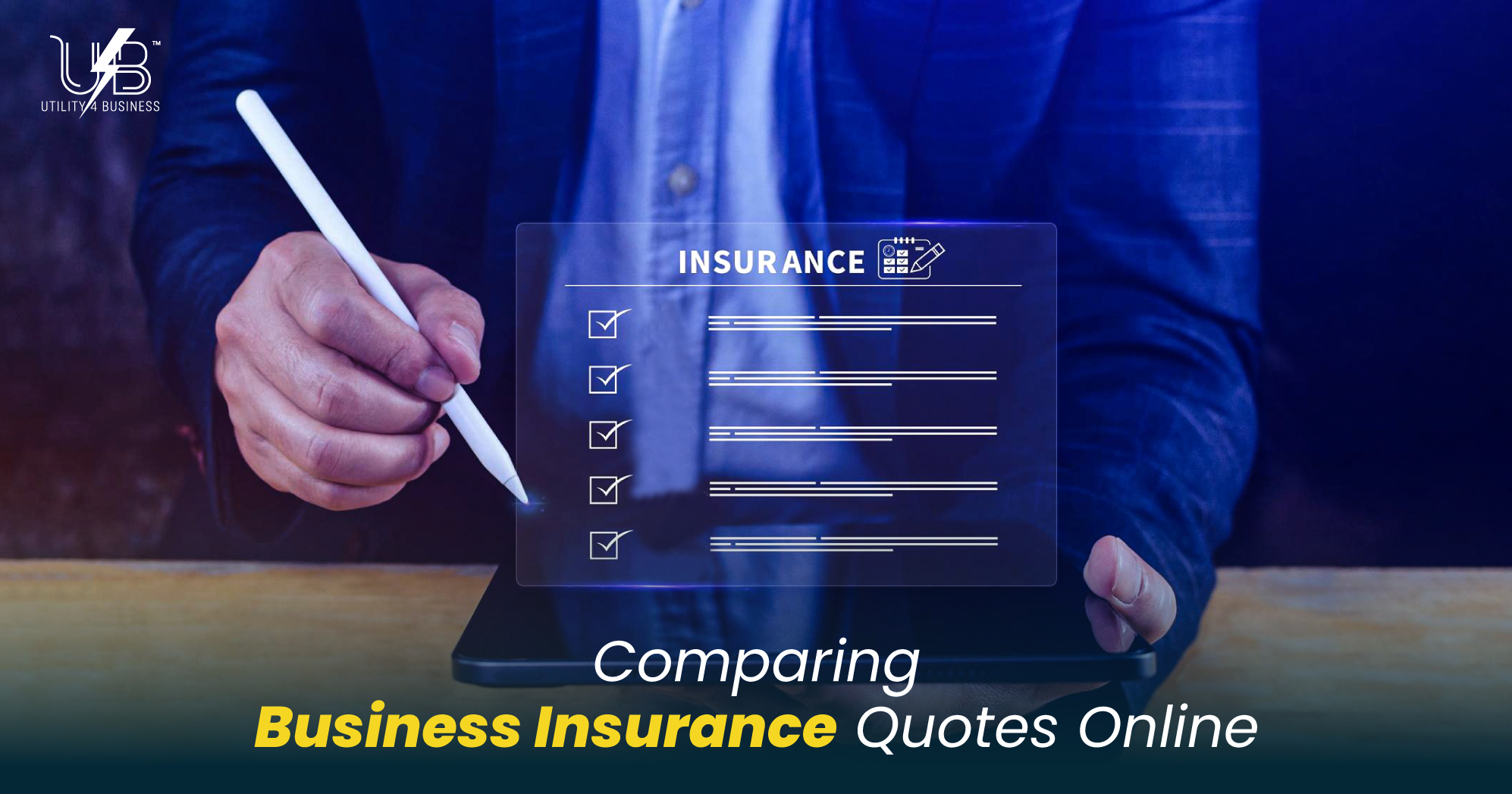 Business insurance quotes online on tablet, comparing cover limits, excess, and add-ons for UK small businesses.